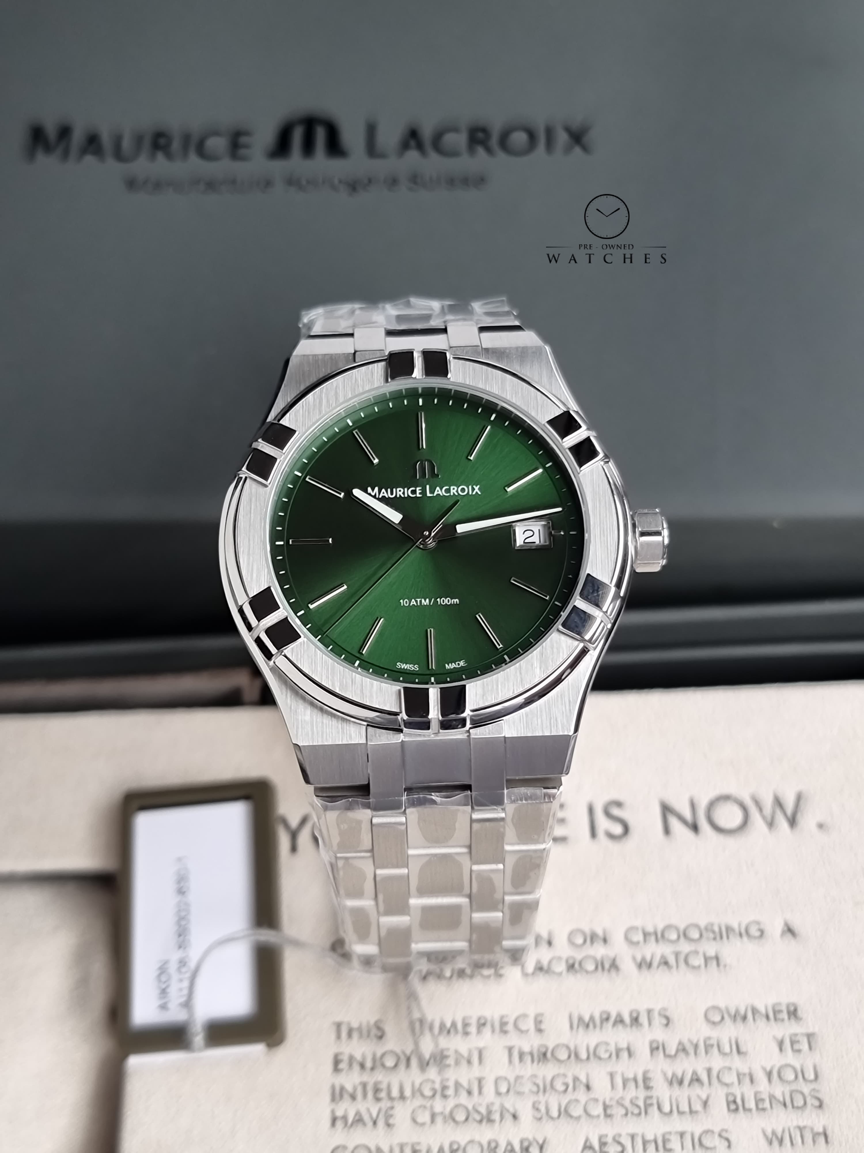 Maurice Lacroix Aikon Silver Stainless Steel Green Dial Quartz Watch for Gents - AI1108-SS002-630-1