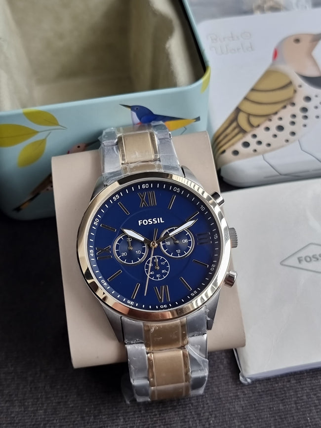 Fossil BQ2407 Flynn Chronograph 48mm Blue Dial Two Tone Steel Men's Watch Hover Image