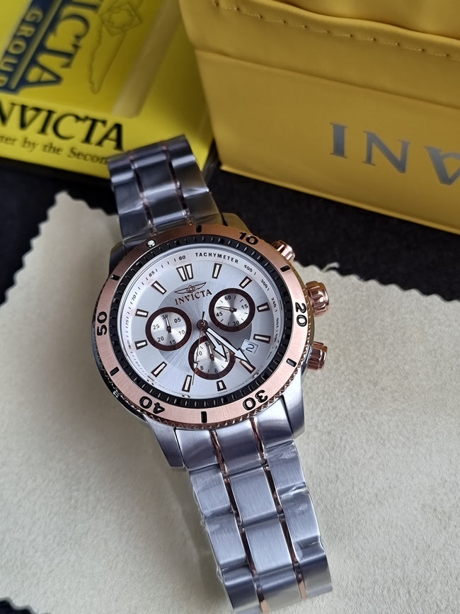 Invicta 1204 Mens Rose Gold Bezel Chronograph Watch Hover Image