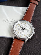 FOSSIL RETRO PILOT SILVER DIAL CHRONOGRAPH BROWN LEATHER MEN'S WATCH FS5809