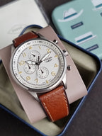 FOSSIL RETRO PILOT SILVER DIAL CHRONOGRAPH BROWN LEATHER MEN'S WATCH FS5809