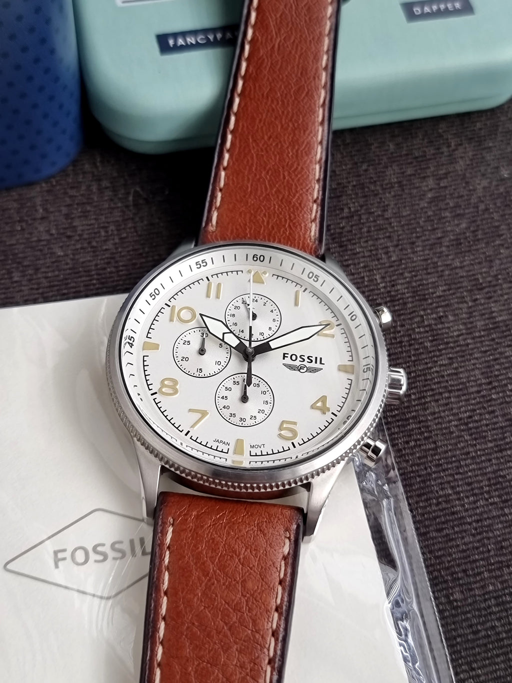 FOSSIL RETRO PILOT SILVER DIAL CHRONOGRAPH BROWN LEATHER MEN'S WATCH FS5809