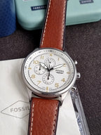 FOSSIL RETRO PILOT SILVER DIAL CHRONOGRAPH BROWN LEATHER MEN'S WATCH FS5809