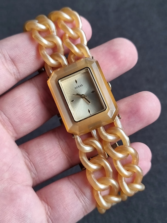 Guess Women's Peach Acrylic Chain Link Wrist Watch Hover Image