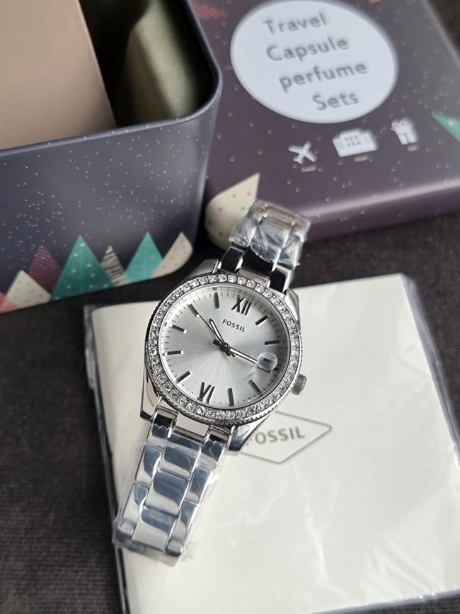 Fossil Women's Scarlette Mini Quartz Stainless Steel Three-Hand Watch, Color: Silver Glitz (Model: ES4317) Hover Image