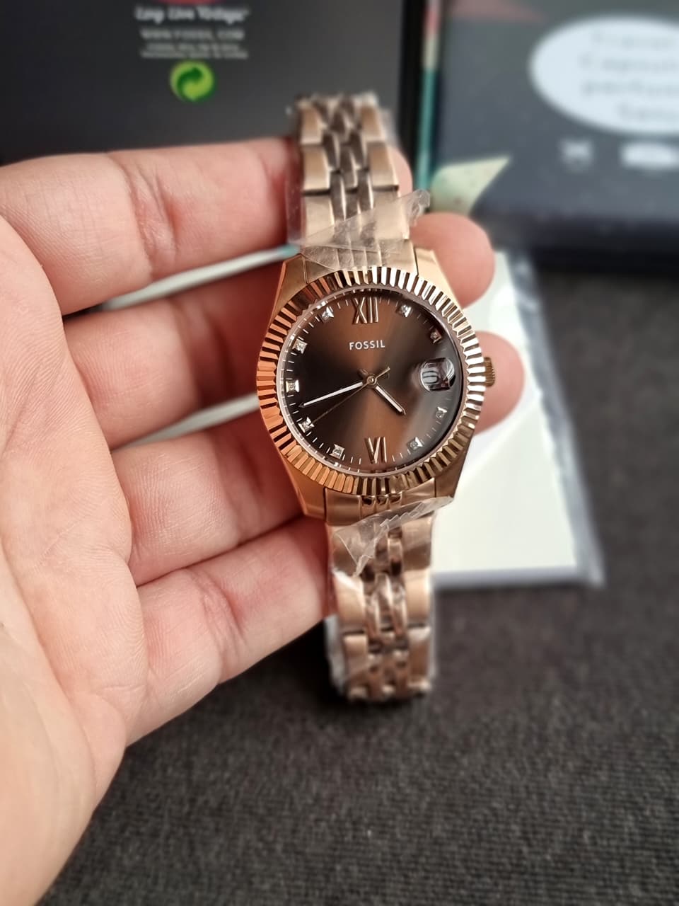 Fossil Scarlette Three-Hand Date Rose Gold-Tone Stainless Steel Watch Es5324