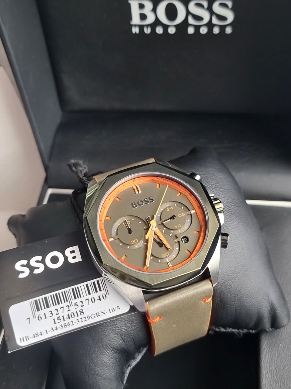 Hugo Boss Men’s Quartz Olive Green Leather Strap Olive Green Dial 45mm Watch 1514018