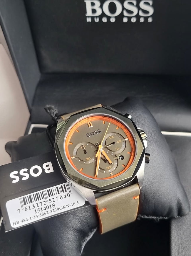 Hugo Boss Men’s Quartz Olive Green Leather Strap Olive Green Dial 45mm Watch 1514018 Hover Image