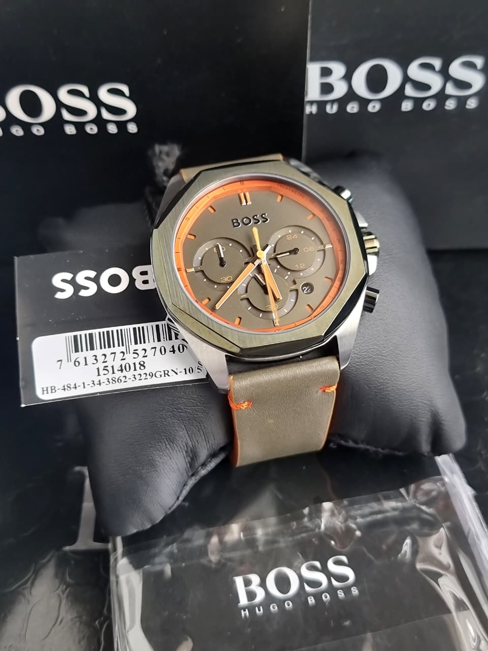 Hugo Boss Men’s Quartz Olive Green Leather Strap Olive Green Dial 45mm Watch 1514018