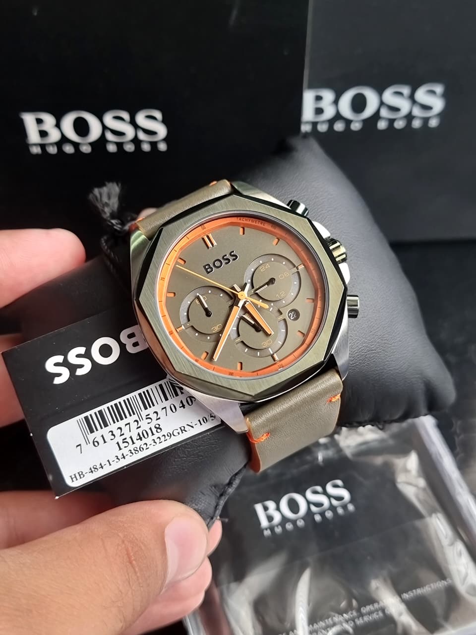 Hugo Boss Men’s Quartz Olive Green Leather Strap Olive Green Dial 45mm Watch 1514018