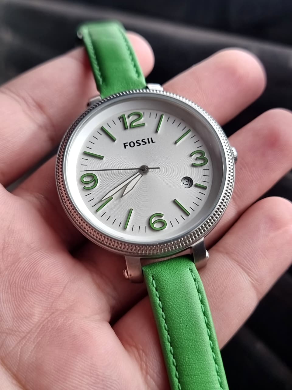 Fossil es3303 Ladies Watch Green Leather Strap Quartz Watch (BACK PLAIN ) Without BOX