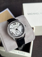 Michael Kors Sage Black Leather Strap Mother Of Pearl Dial Quartz Watch for Ladies - MK4821