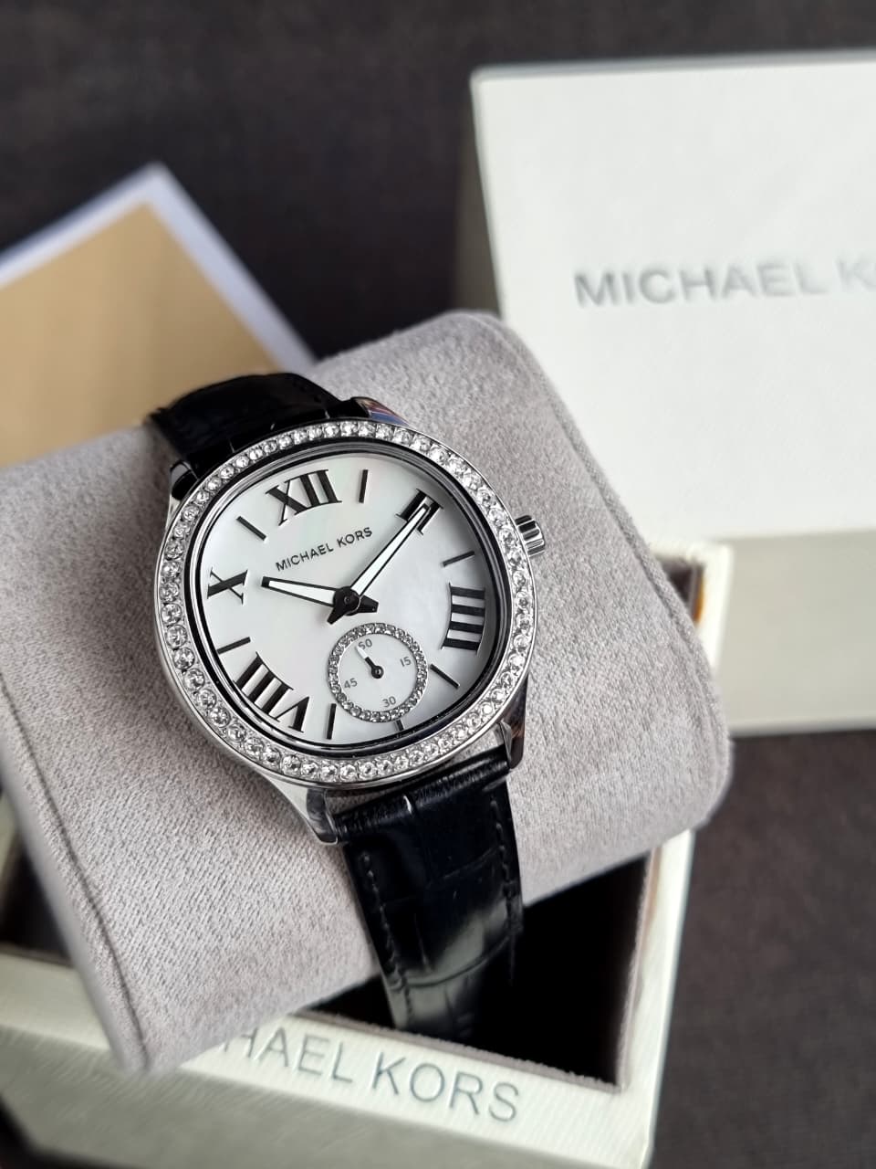 Michael Kors Sage Black Leather Strap Mother Of Pearl Dial Quartz Watch for Ladies - MK4821