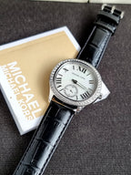 Michael Kors Sage Black Leather Strap Mother Of Pearl Dial Quartz Watch for Ladies - MK4821