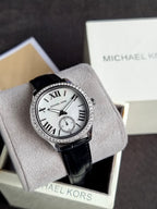 Michael Kors Sage Black Leather Strap Mother Of Pearl Dial Quartz Watch for Ladies - MK4821