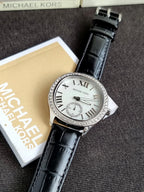 Michael Kors Sage Black Leather Strap Mother Of Pearl Dial Quartz Watch for Ladies - MK4821