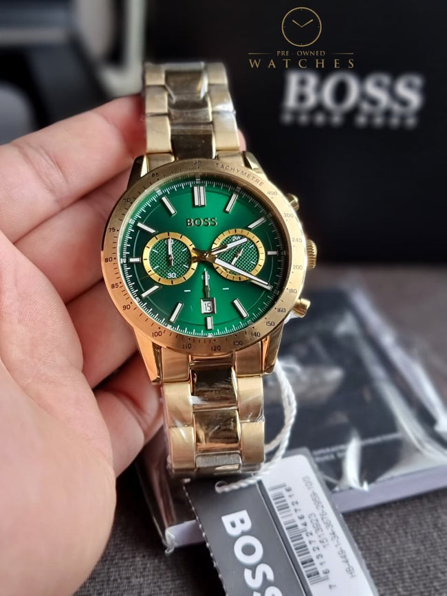 HUGO BOSS Allure Gold Stainless Steel Green Dial Chronograph Quartz Watch for Gents - 1513923 Hover Image