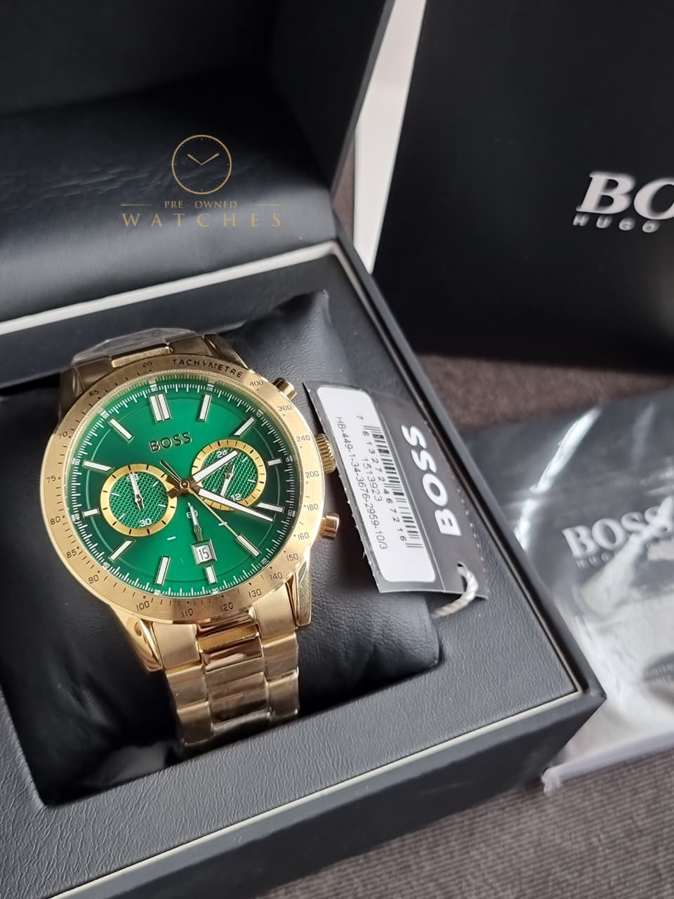 HUGO BOSS Allure Gold Stainless Steel Green Dial Chronograph Quartz Watch for Gents - 1513923