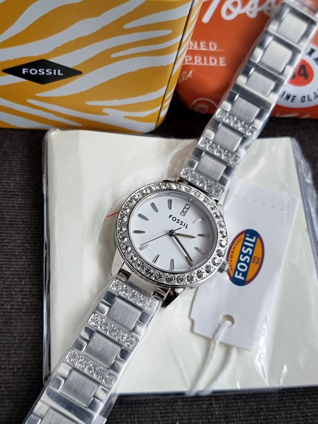 Fossil Women’s Quartz Silver Stainless Steel White Dial 34mm Watch ES2362 Hover Image