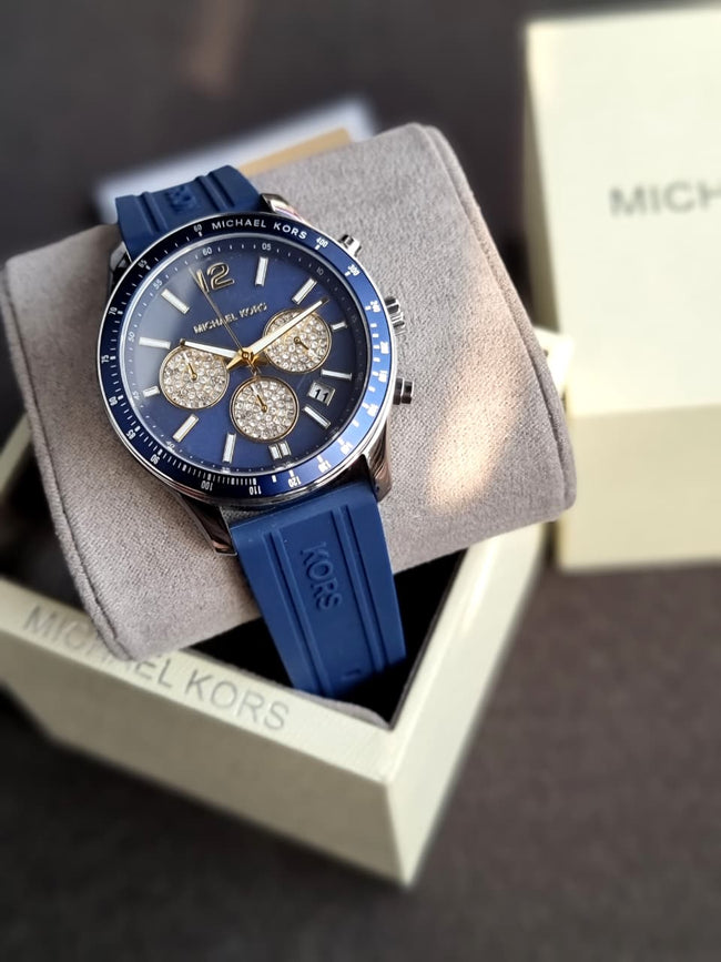 MICHAEL KORS OUTLET Oversized Berkley Silver-Tone and Embossed Silicone Watch Hover Image