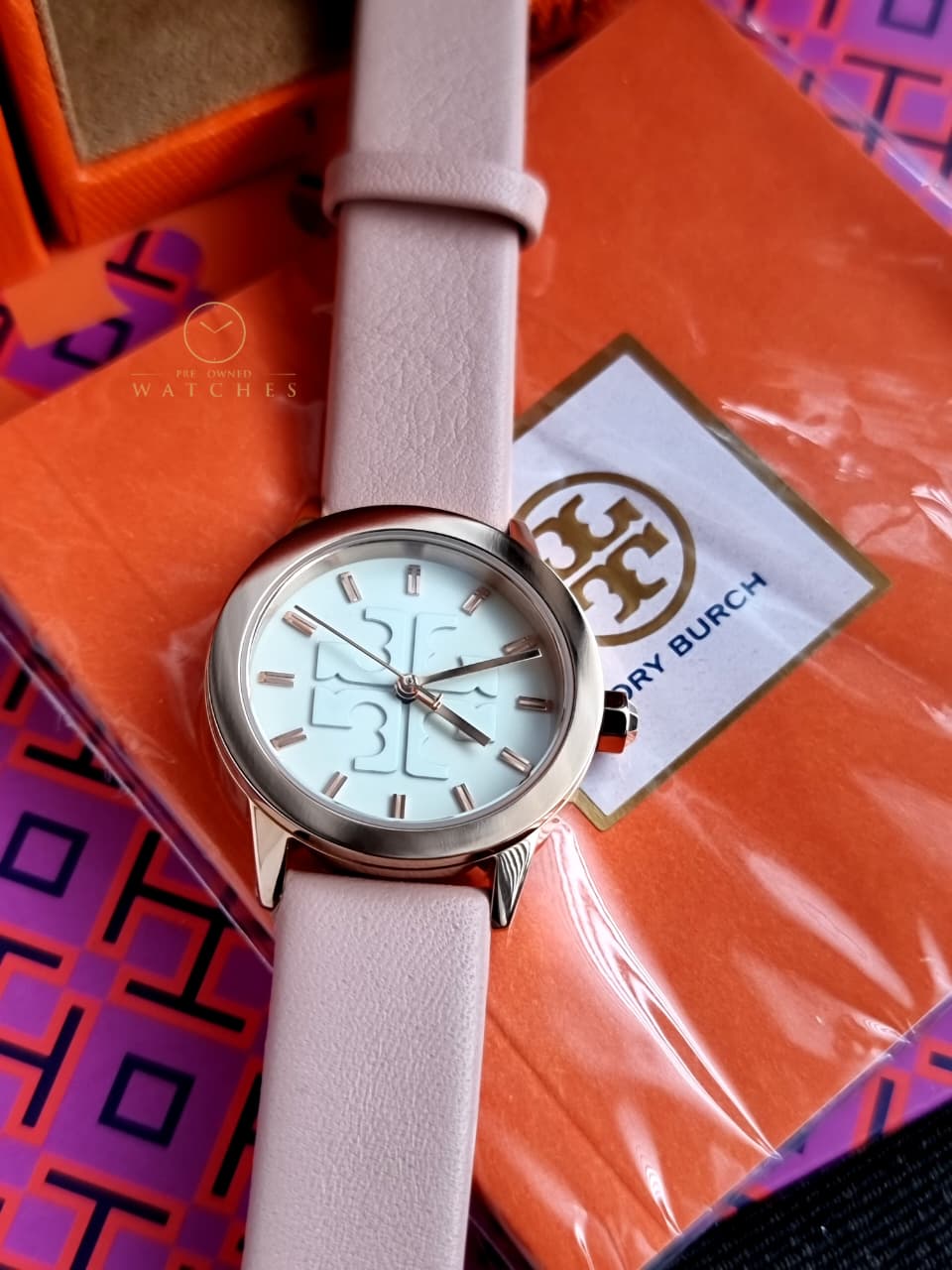 Tory Burch Small Gigi Pink Rose Gold Leather Strap Watch TBW2006