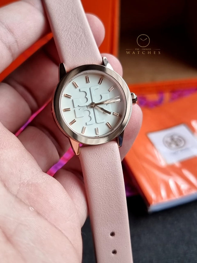 Tory Burch Small Gigi Pink Rose Gold Leather Strap Watch TBW2006 Hover Image