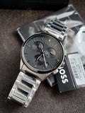 BOSS DAPPER MENS BLACK DIAL IONIC PLATED GREY STEEL WATCH - 1513929
