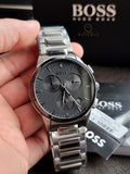 BOSS DAPPER MENS BLACK DIAL IONIC PLATED GREY STEEL WATCH - 1513929