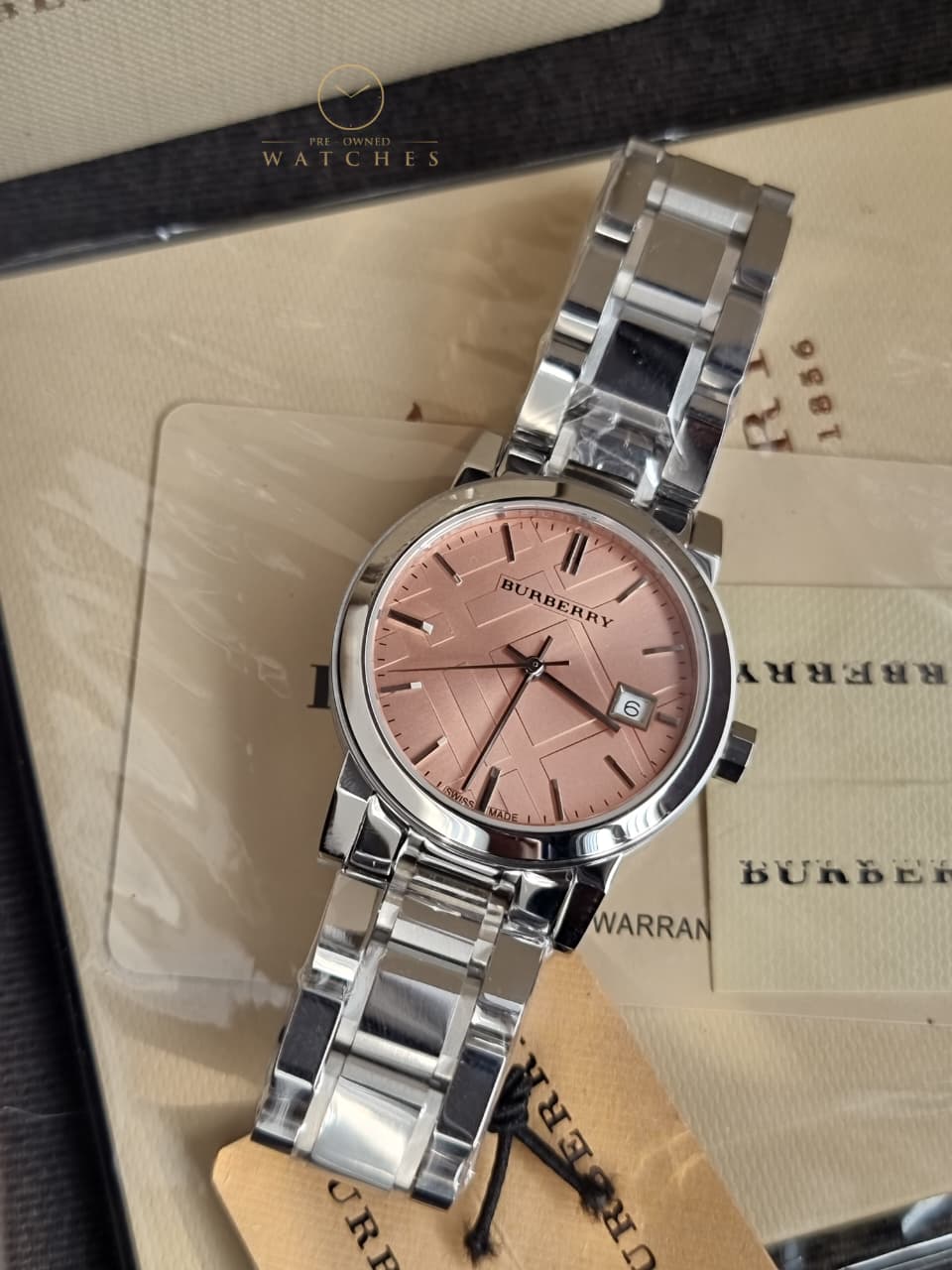 BURBERRY Pink Check Stamped Stainless Steel Ladies Watch BU9124