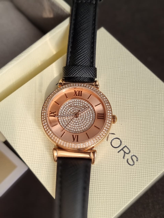 Michael Kors Women’s Quartz Black Leather Strap Rose Gold Dial 39mm Watch MK2376 Hover Image