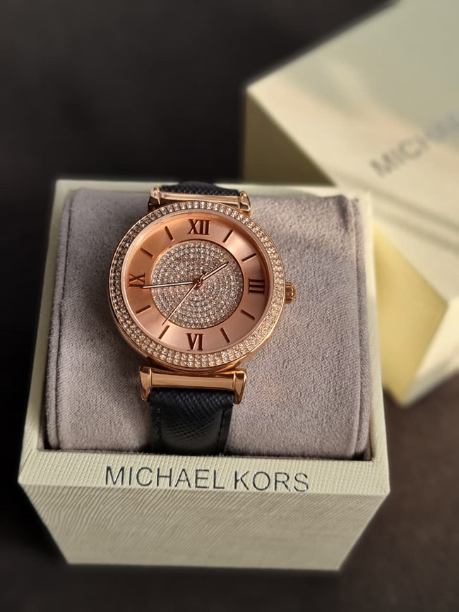 Michael Kors Women’s Quartz Black Leather Strap Rose Gold Dial 39mm Watch MK2376 Main Image