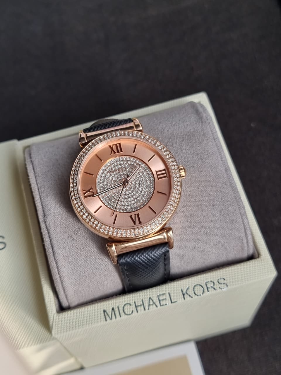 Michael Kors Women’s Quartz Black Leather Strap Rose Gold Dial 39mm Watch MK2376