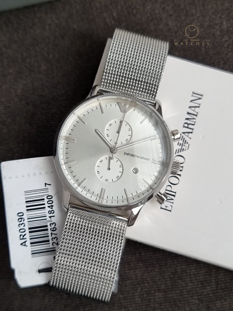 Emporio Armani Men’s Chronograph Quartz Stainless Steel Silver Dial 38mm Watch AR0390