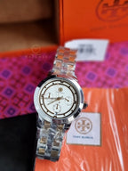 Tory Burch T-Monogram Two-Tone Stainless Steel Gold Dial Chronograph Quartz Watch For Ladies – TBW1052