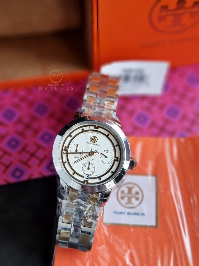 Tory Burch T-Monogram Two-Tone Stainless Steel Gold Dial Chronograph Quartz Watch For Ladies – TBW1052 Main Image