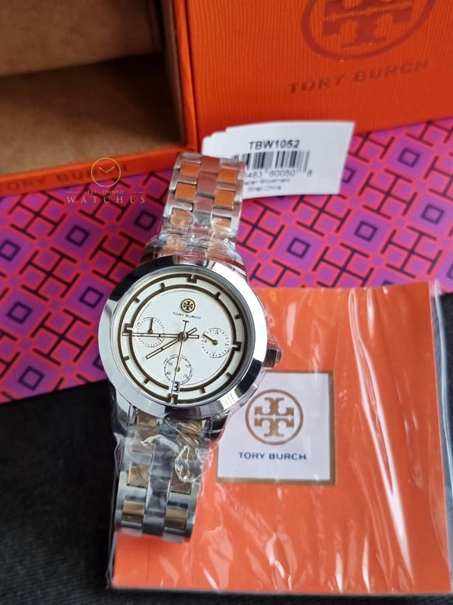 Tory Burch T-Monogram Two-Tone Stainless Steel Gold Dial Chronograph Quartz Watch For Ladies – TBW1052 Hover Image