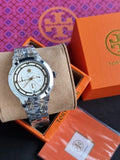 Tory Burch T-Monogram Two-Tone Stainless Steel Gold Dial Chronograph Quartz Watch For Ladies – TBW1052