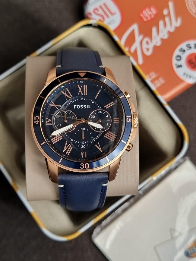Fossil Grant Sport Blue Leather Strap Blue Dial Chronograph Quartz Watch for Gents - FS5237 (WITHOUT TAG) Hover Image