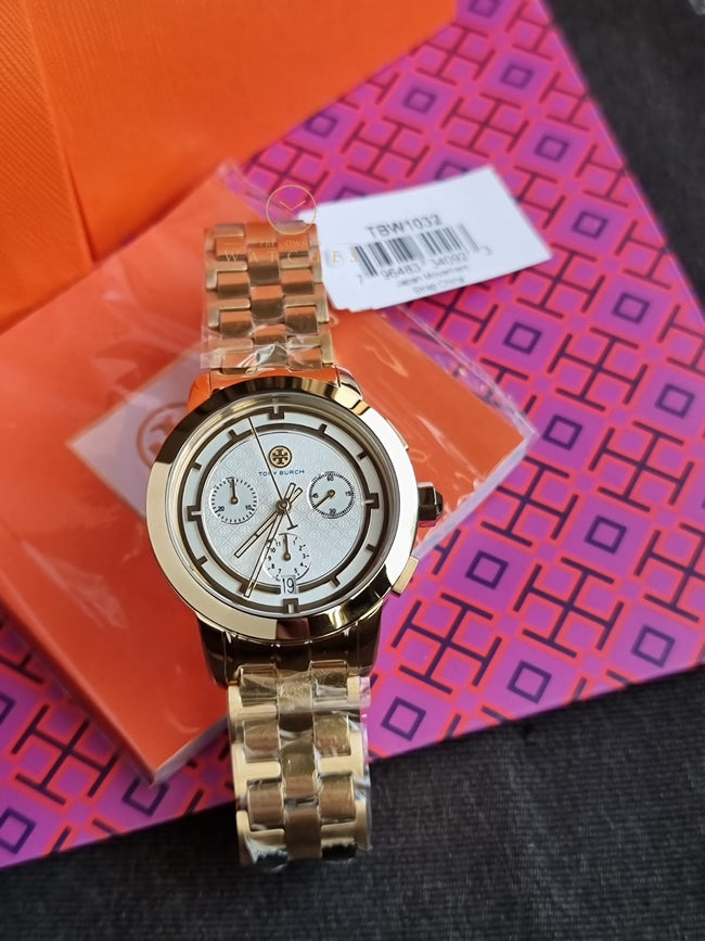 Tory Burch Classic T Gold Stainless Steel Silver sunray Dial Chronograph Quartz Watch for Ladies - TBW1032 Main Image