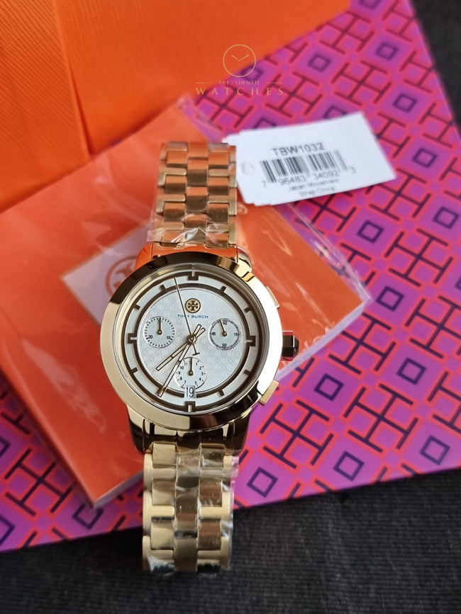 Tory Burch Classic T Gold Stainless Steel Silver sunray Dial Chronograph Quartz Watch for Ladies - TBW1032 Hover Image