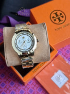 Tory Burch Classic T Gold Stainless Steel Silver sunray Dial Chronograph Quartz Watch for Ladies - TBW1032