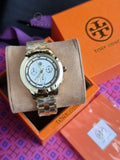 Tory Burch Classic T Gold Stainless Steel Silver sunray Dial Chronograph Quartz Watch for Ladies - TBW1032