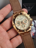 GUESS Men's Analog Multifunction Watch Brown Leather Strap (Model: GW0262G3)