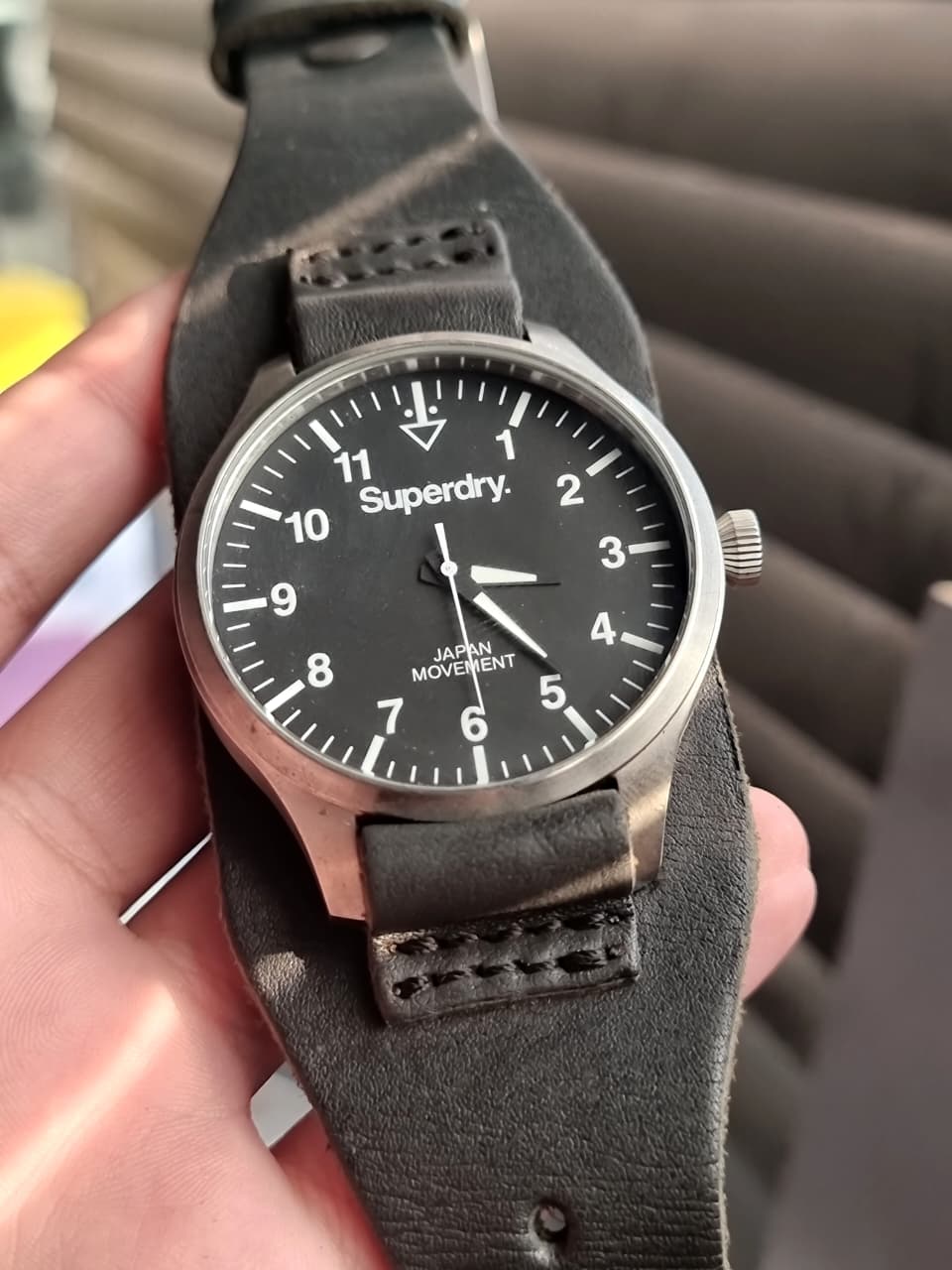 Superdry Colosseum SYG102B Men's Black Leather Cuff Strap Watch