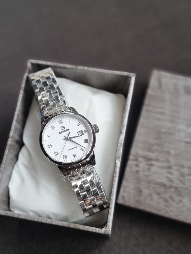 Binger white dial Silver Chain Automatic Ladies Watch Hover Image
