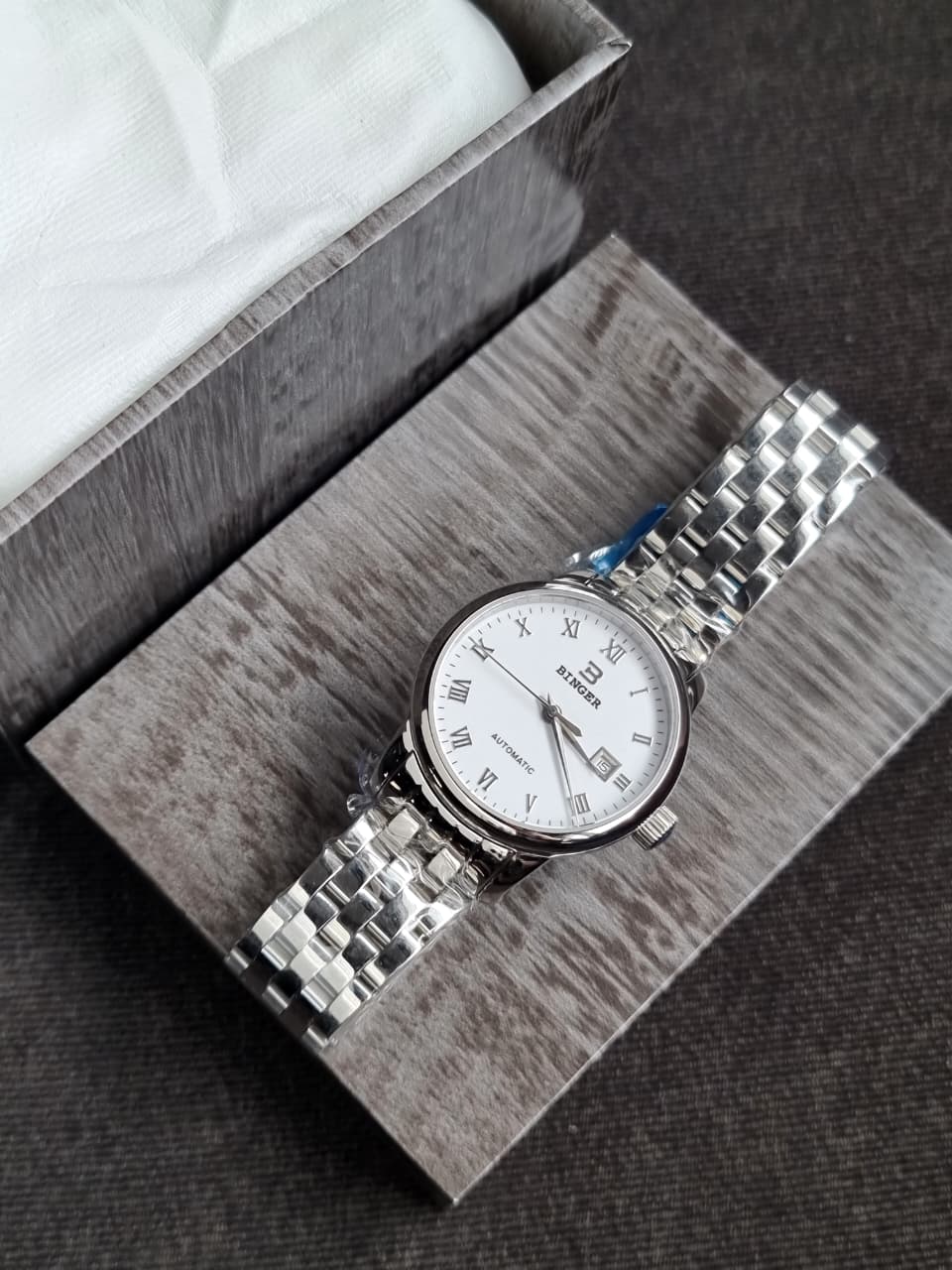 Binger white dial Silver Chain Automatic Ladies Watch
