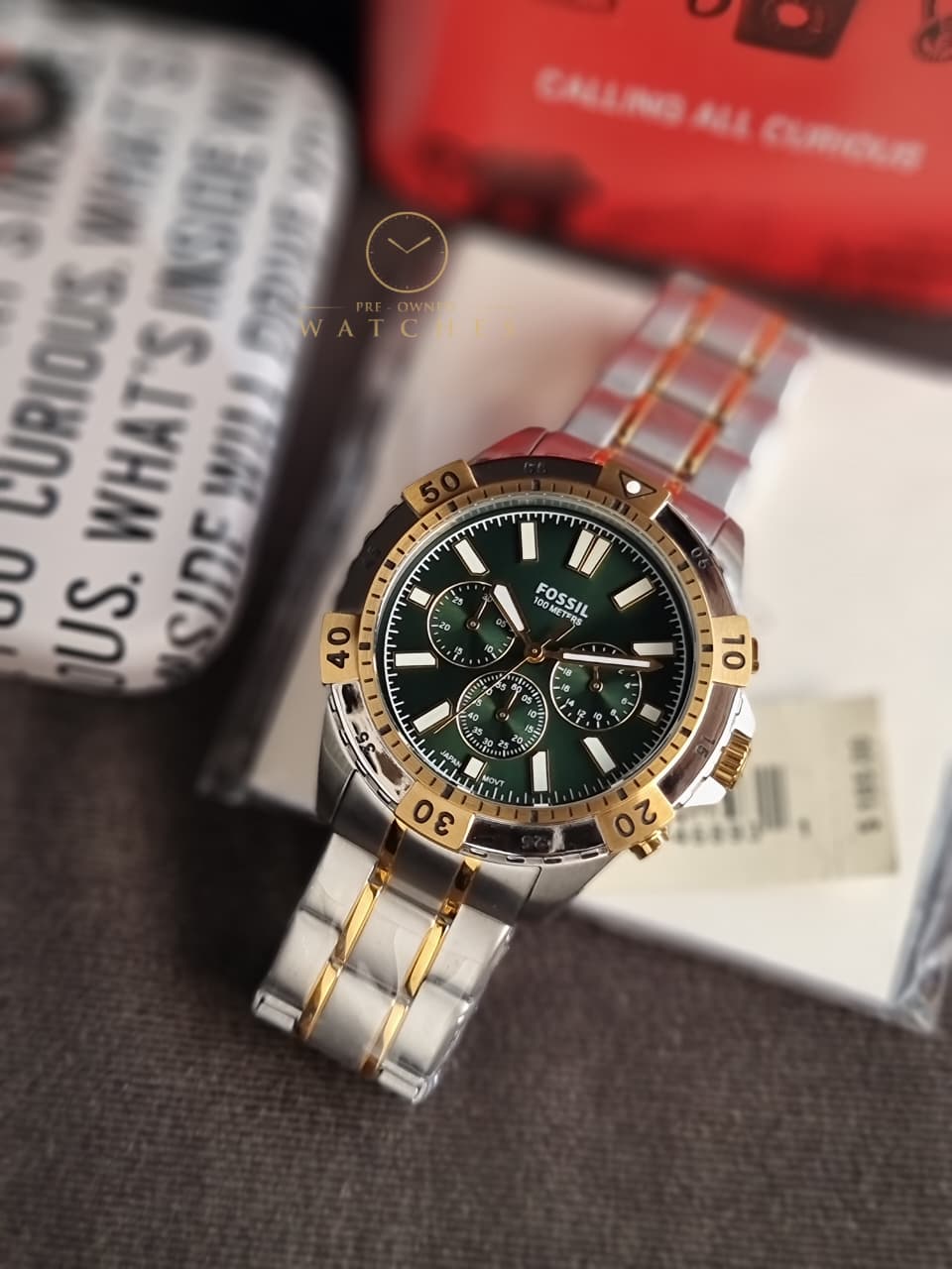 Fossil Men’s Chronograph Quartz Stainless Steel Green Dial 44mm Watch FS5622