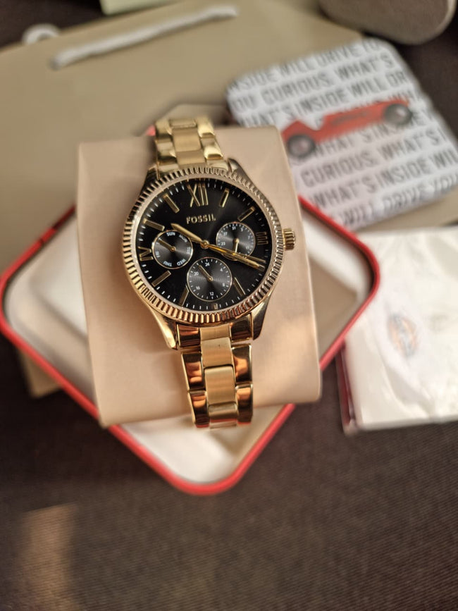 FOSSIL BQ3757 Ladies Rye Watch Golden Casing Black Dial Quartz Watch Hover Image