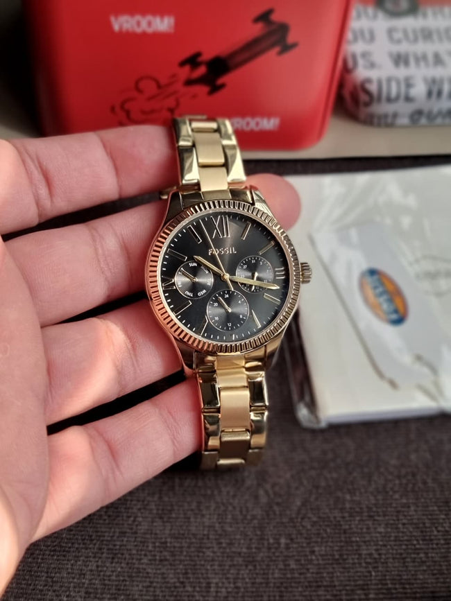 FOSSIL BQ3757 Ladies Rye Watch Golden Casing Black Dial Quartz Watch Main Image
