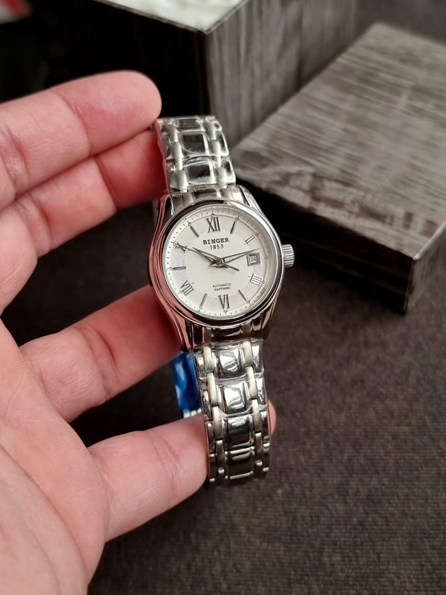Binger white dial Silver Chain 29mm dial Size Ladies Watch Hover Image